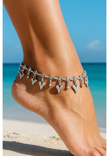 Büyük Kalpli Kadın Halhal Gümüş Kaplama Ayarlanabilir El Yapımı Halhal