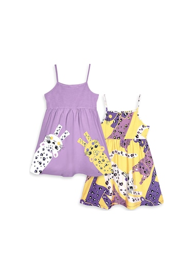 Denokids Muzip Kediler Kız Çocuk 2'li Elbise Çok Renkli