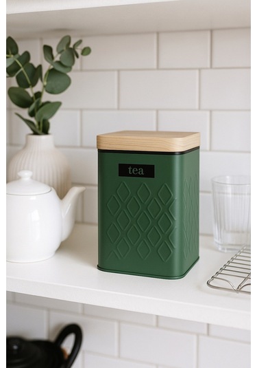 Ahşap Görünümlü Metal Kapaklı 1 Adet Gofreli Yeşil Çay Saklama Kutusu & Kavanoz 17 11 8 Cm Yeşil