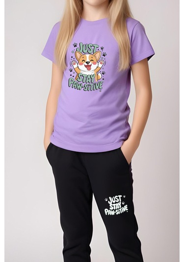 Just Stay Paw Baskılı Kız Çocuk Tişört Ve Eşofman Alt-üst Takım Lila