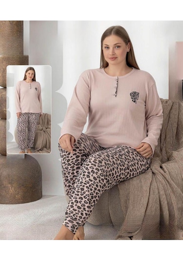 Lindros Kadın Pamuk'lu Düğme Yaka Raporlu İnterlok Kışlık Battal Pijama Takımı 0251 - 1 Adet Bej