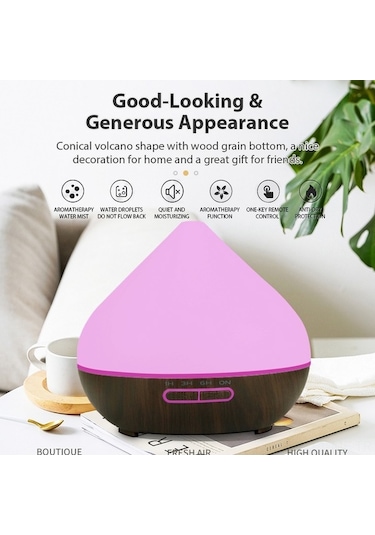 Renkli Ultrasonik Yağ Difüzörü, 500ml Büyük Su Tanklı, Uzaktan Kumandalı, Otomatik Kapanma, Ahşap Desenli Hava Nemlendirici