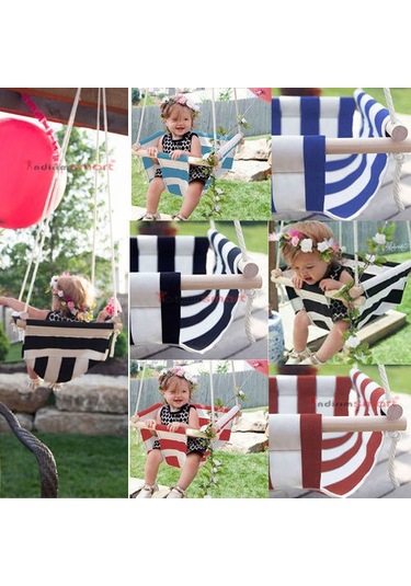 Bundera Ahşap Bebek Salıncak Çocuk Beşik Hamak Salıncağı Mavi Çizgili