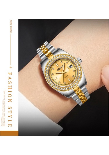 Yashıdun 5068 Şık Kadın Kuvars İzle Çelik Kayış Taklidi Dekor Aydınlık Saat - Altın Kadran