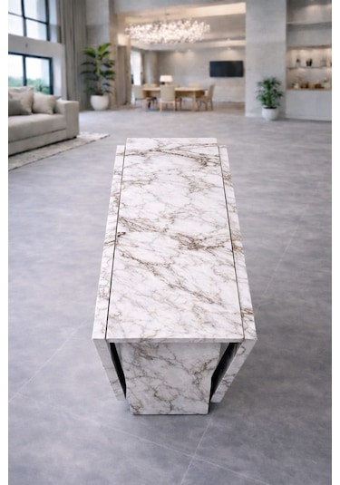 Demonte Pratik Açılır Kapanır Kanatlı Masa - Yemek Masası Bey... Beyaz Mermer