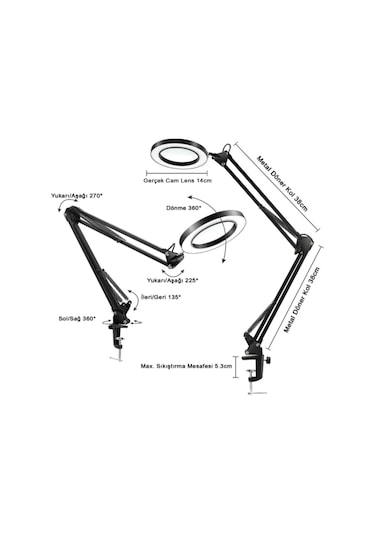 Hpy Pazar 33 Cm Çift Kollu Usb Kontrollü Aydınlatmalı Büyüteç 64 Led, 8x