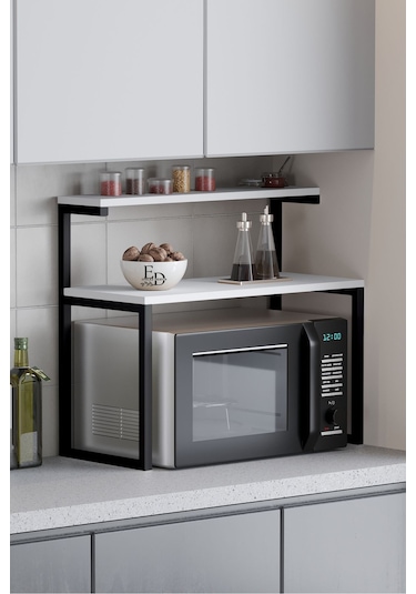 Akik 2 Raflı Metal Çok Amaçlı Mutfak Rafı / Tezgah Üstü Raf Siyah Metal - Beyaz Tabla Beyaz