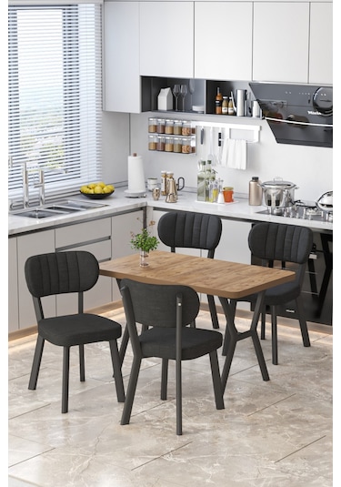 Parla 70x110cm Atlantik Mutfak Masası, Mutfak Masası Takımı, Yemek Masası, 4 Siyah Sandalye Siyah
