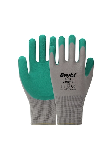 Beybi Pl17 9 Beden Gri-yeşil 12li Paket Legend Polyester Örme Lateks Eldiven
