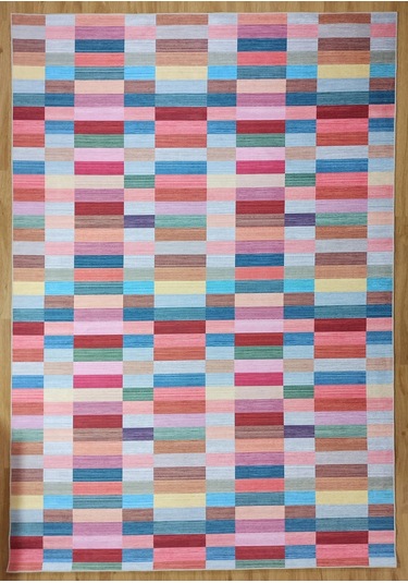 Modern Renkli Blok Desenli Geometrik Halı - 12439ou Pembe