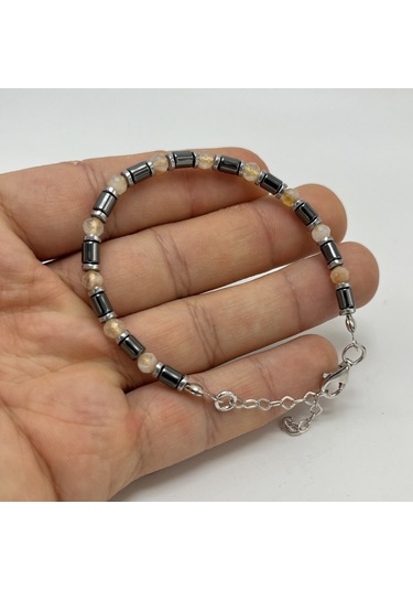 Yıldız Doğal Taş Sitrin ve Hematit Doğal Taş Gümüş Bileklik 4 MM