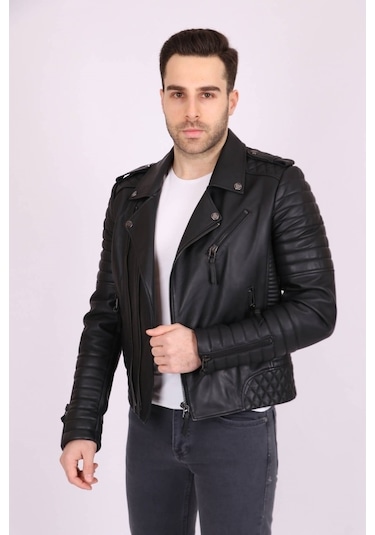 Erkek Siyah Hakiki Deri Yakalı Baklava Desenli Apoletli Spor Mont