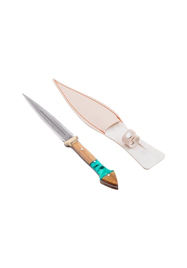 Çift Ağızlı Çerkez Bıçağı - Deri Kılıflı - Epoksi Sap - Büyük - Turkuaz Çok Renkli