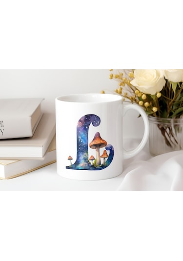 L Baş Harfi Fantastik Mantarlı Kupa Bardak - Kişiye Özel Masalsı Bardak - Hediye Beyaz