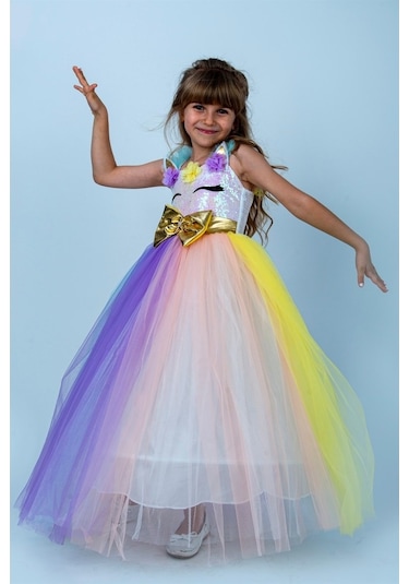 Uzun Unicorn Kasnaklı Kız Çocuk Parti Elbisesi