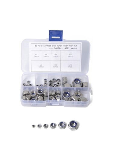 Cbtx 60 Adet Araba 304 Paslanmaz Çelik Kilit Somunları Naylon Ekleme Kilit Somunu Kiti M3-m10