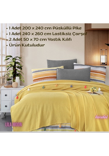 Valeria Tassel Hardal Renkli Çift Kişilik Püsküllü Pike Takımı Hardal