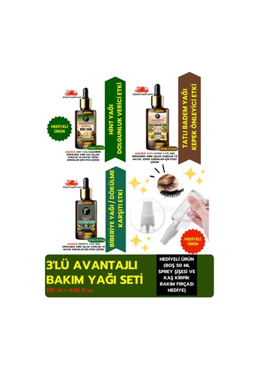 Amazeus 3'lü Bitkisel Yağ Seti/ Hint, Tatlı Badem, Biberiye 120 Ml %100 Saf Ve Doğal Hediyeli Ürün
