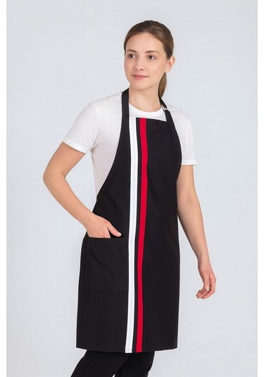 Kadın Boyundan Asmalı Çizgili Barista Şef Mutfak Önlüğü 60x85 Cm Siyah