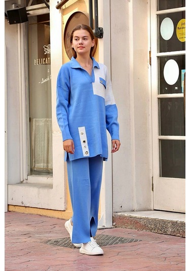 Kuş Gözü Triko Takım Mavi Mavi