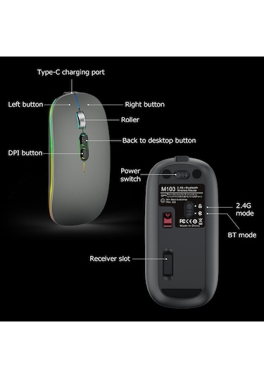 Tenfowee M103 Çift Modlu 2.4g+bt5.1 Kablosuz Mouse, Sessiz Ofis Kullanıma Uygun, 3 Seviye Dpı Ayarlı 800-1200-1600 , 500mah Şarj Edilebilir Pil, Gümüş Rengi