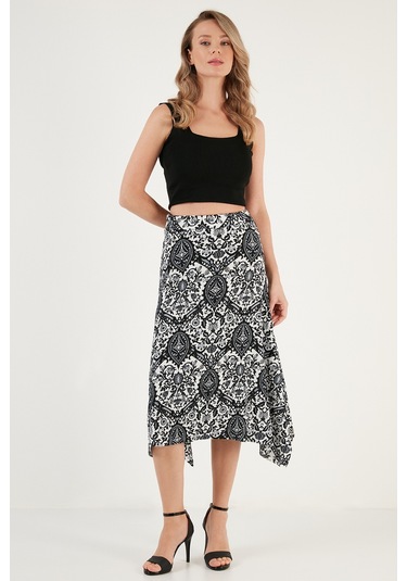Lela Desenli Dar Kesim Asimetrik Midi Bayan Etek 5865621 Siyah-Beyaz