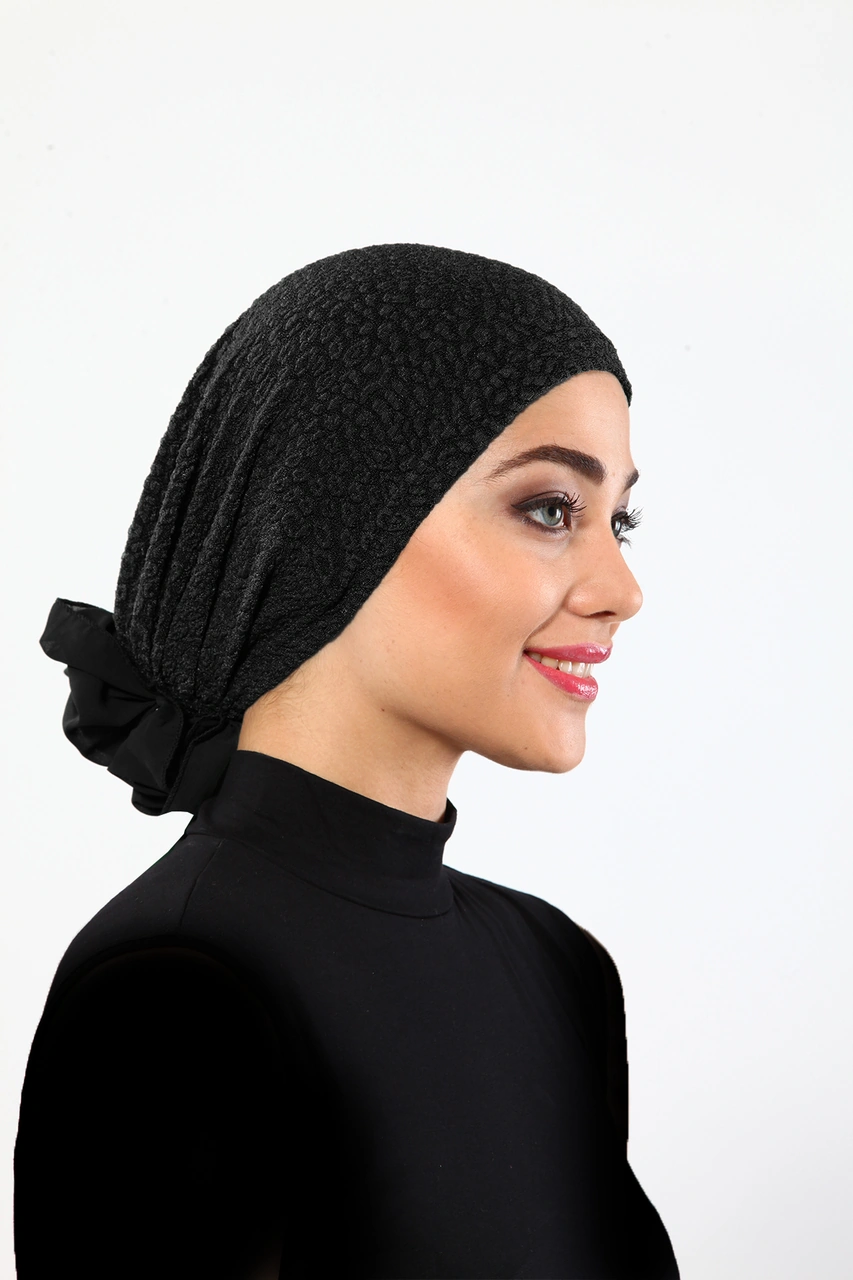 Brokar Tüllü Siyah Hazır Türban Tesettür Bone Siyah