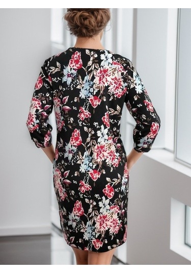 Kadın Uzun Kollu Bisiklet Yaka Dalgıç Mini Boy Elbise Desenli