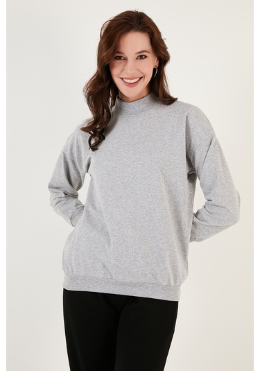 Lela Pamuklu Dik Yaka Basic Örme Bayan Sweat 5863323 Gri Melanj