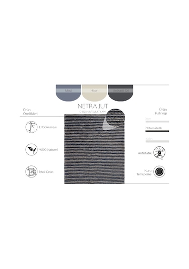 Netra C-1512 Navy Multy Xw El Dokuma Naturel Jüt Hasır Halı