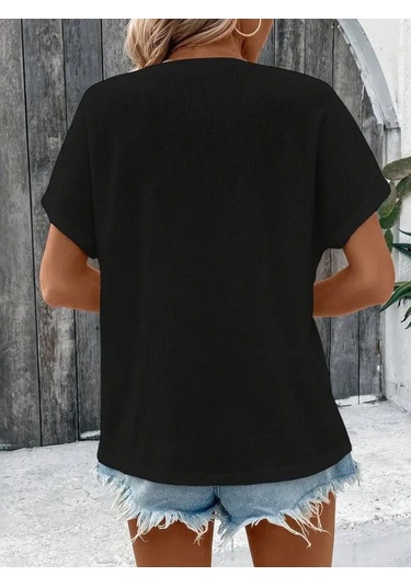 Ge Ticaret Kadın Kısa Kollu Yakası Açık Önden Düğmeli Waffle Bluz Siyah