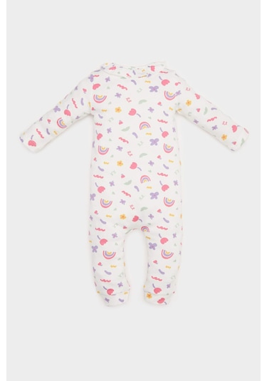 DeFacto Kız Bebek Yenidoğan 2'li Tulum Gökkuşağı Baskılı Waffle Uzun Kollu Tulum Saç Bandı E2379A525SPER105 Ekru