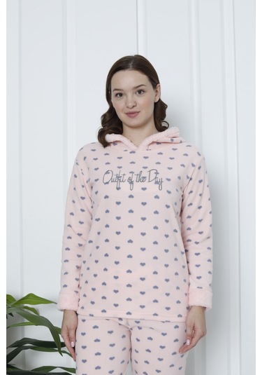 Fawn 3903 Peluş Welsoft Polar Kışlık Kapşonlu Kadın Pijama Takımı Soft Pembe