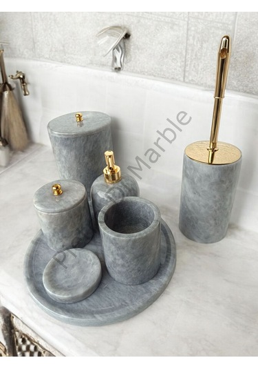 Gri Mermer Klasik Model 7 Parça Gold Renk Düğme Aksesuarlı Banyo Seti Gri