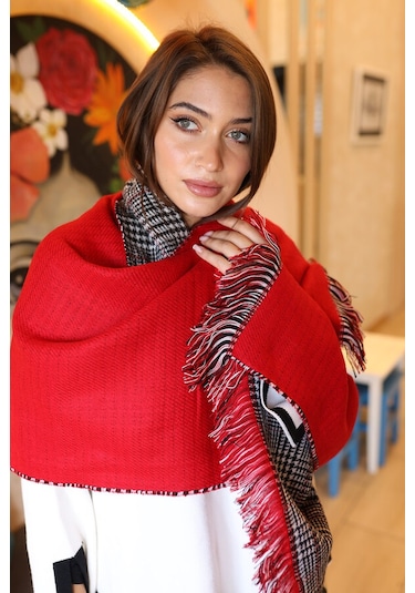 Çift Taraflı Kazayağı Desenli Atkı Omuz Şalı 70x185 CM 1212 Kırmızı
