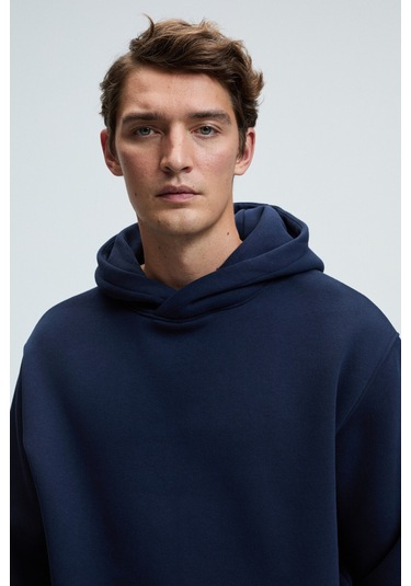 AMOS Erkek Yumuşak Kumaşlı 3 İplik Oversize Kapüşonlu Kanguru Cepli Lacivert Sweatshirt