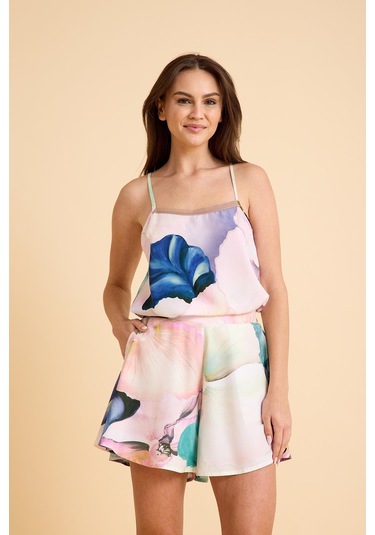 Paradise Çiçek Desenli İnce Askılı, Şortlu Pijama Takım Desenli