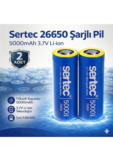 Sertec 26650 Şarjlı Pil 5000mah 3.7v Li-ion Başlıksız Düz 2li