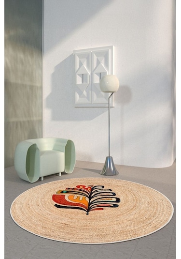 Zeminde Doğanın Ruhu: Renkli Motifli Hasır Görünümlü Kaymaz Taban Halı Bej