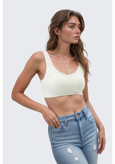 Krem Dikişsiz Lazer Kesim Sütyen Pedli Kadın Hayalet Sütyen Dalga Detaylı Krem