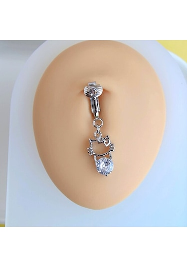 Deliksiz Göbek Piercing Mıknatıslı Sıkıştırma Kedi Figürlü Delik Sarı