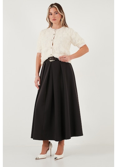 Lela Modest Kemerli Comfort Fit Yüksek Bel Pileli Kloş Uzun Tesettür Bayan Etek 6833360 Koyu Kahve