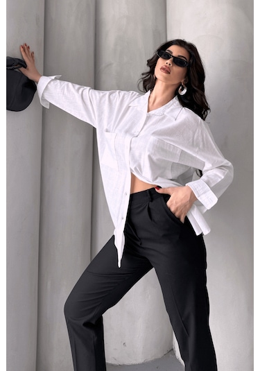 Paw Garage Kadın Harper Çift Cepli Oversize Keten Gömlek, 2025 Summer Collection Beyaz