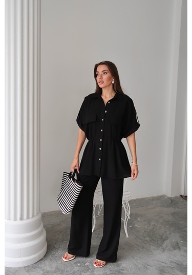 Keten Belden Büzgü Detaylı Gömlek - Pantolon Takım - Siyah Siyah