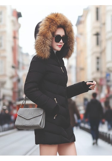 Kışlık Eldivenli Kapüşonu Kürklü Kadın Şişme Mont Siyah