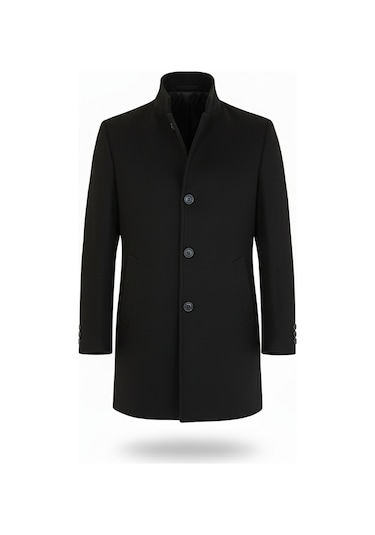 Erkek Siyah Slim Fit Dik Yaka Kaşe Kaban-Siyah