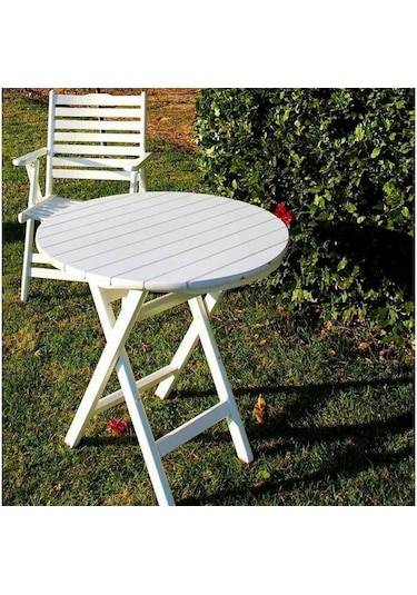 Motoryagmarket Datça 70Lik Katlanır Ahşap Bahçe Balkon Masası Yuvarlak -Beyaz