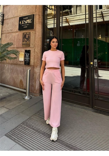 WeShaya Pembe Modal Keten Dokulu Bisiklet Yaka Takım Pembe