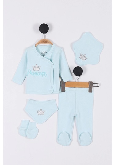 Prenses Desenli Müslin Kız Bebek Hastane Çıkışı Bebek Kıyafetleri Yenidoğan Hastane Çıkış Seti 5 Li Turkuaz