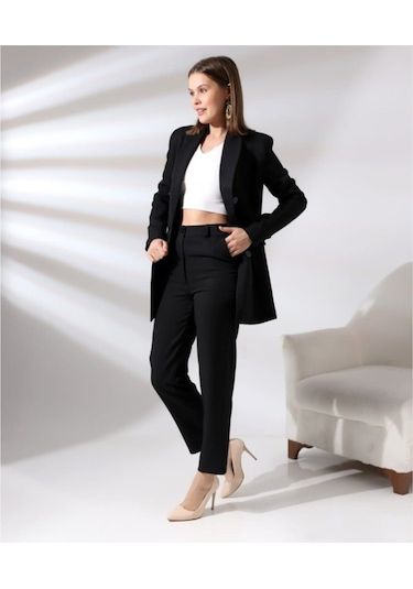 Kadın Kruvaze Blazer Ceket Pamuklu Atlak Kumaş Pantolon Takım Elbise Siyah Siyah